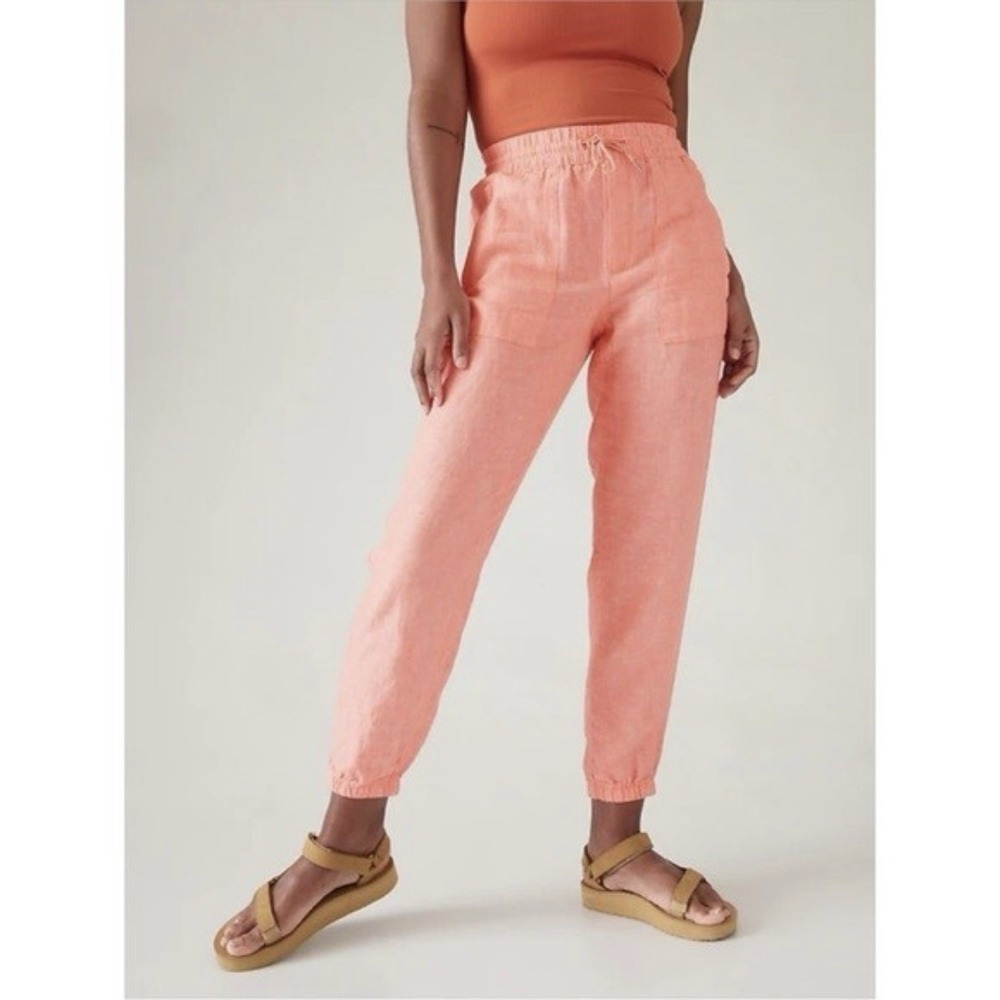 Athleta Retreat 100% Linen Jogger Coral Sunset Glow Drawstring Pocket Casual 10